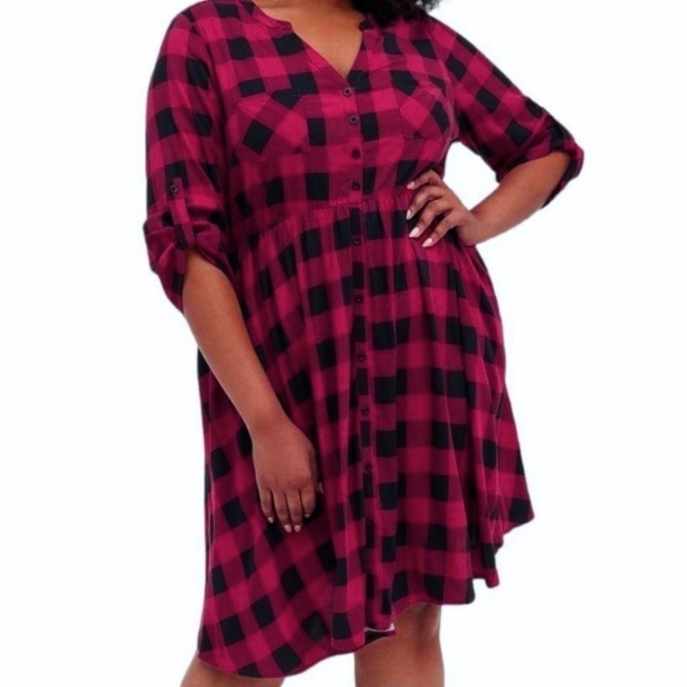 Torrid sz 1 red black gingham buffalo plaid shirt dress sz 1X